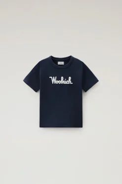 Abbigliamento>Woolrich T-shirt Da Bambino In Puro Cotone Con Ricamo Melton Blue