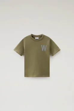 Abbigliamento>Woolrich T-shirt Da Bambino In Puro Cotone Con Stampa Lake Olive