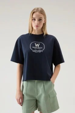 T-shirt e polo>Woolrich T-shirt In Puro Cotone Con Stampa Grafica Melton Blue
