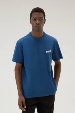 T-shirt>Woolrich T-shirt In Puro Cotone Con Grafica Western Sul Retro Blue Lobster