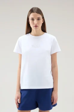 T-shirt e polo>Woolrich T-shirt In Puro Cotone Con Logo Ricamato Bright White