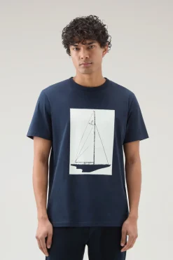 T-shirt>Woolrich T-shirt In Puro Cotone Con Stampa Nautica Melton Blue
