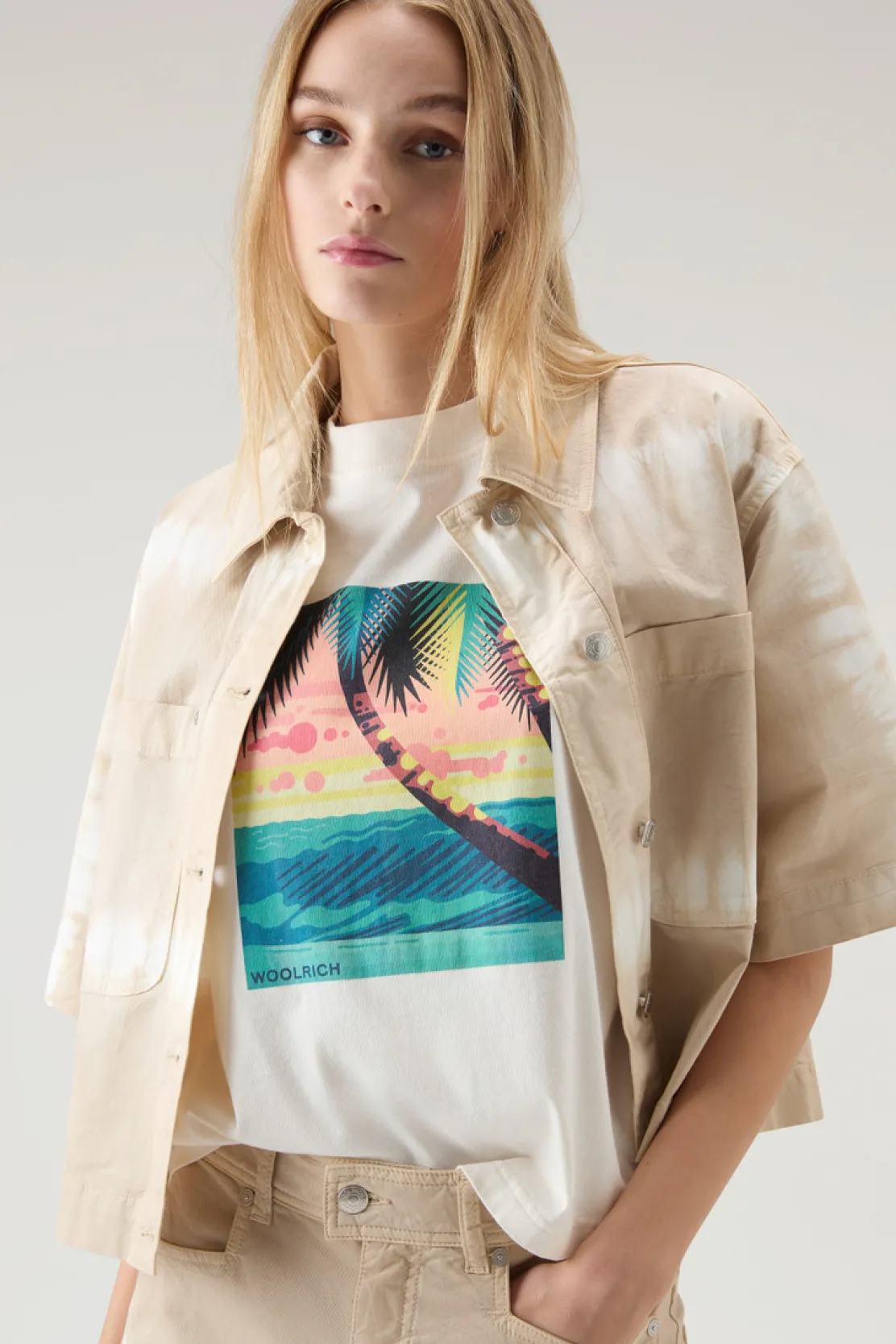 T-shirt e polo>Woolrich T-shirt In Puro Cotone Con Stampa Grafica Plaster White