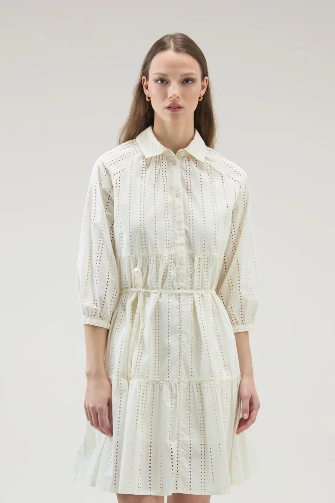 Vestiti e gonne>Woolrich Vestito Corto In Puro Cotone Ricamato Plaster White