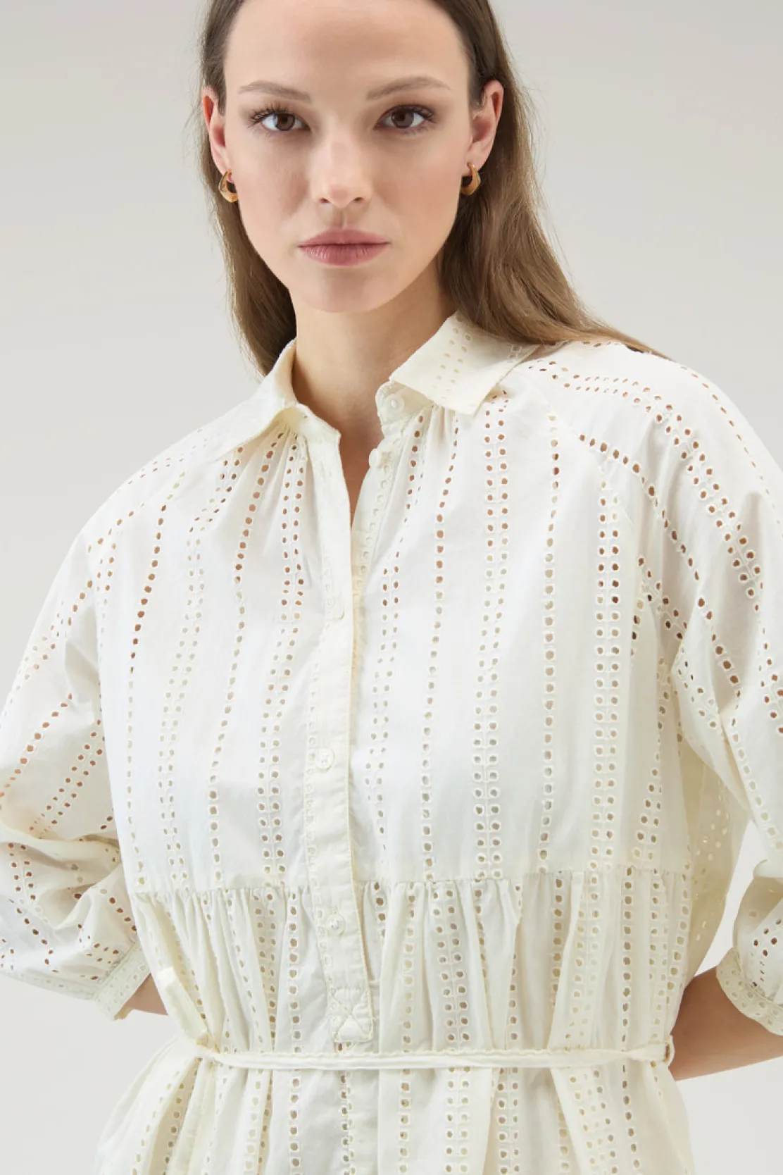Vestiti e gonne>Woolrich Vestito Corto In Puro Cotone Ricamato Plaster White